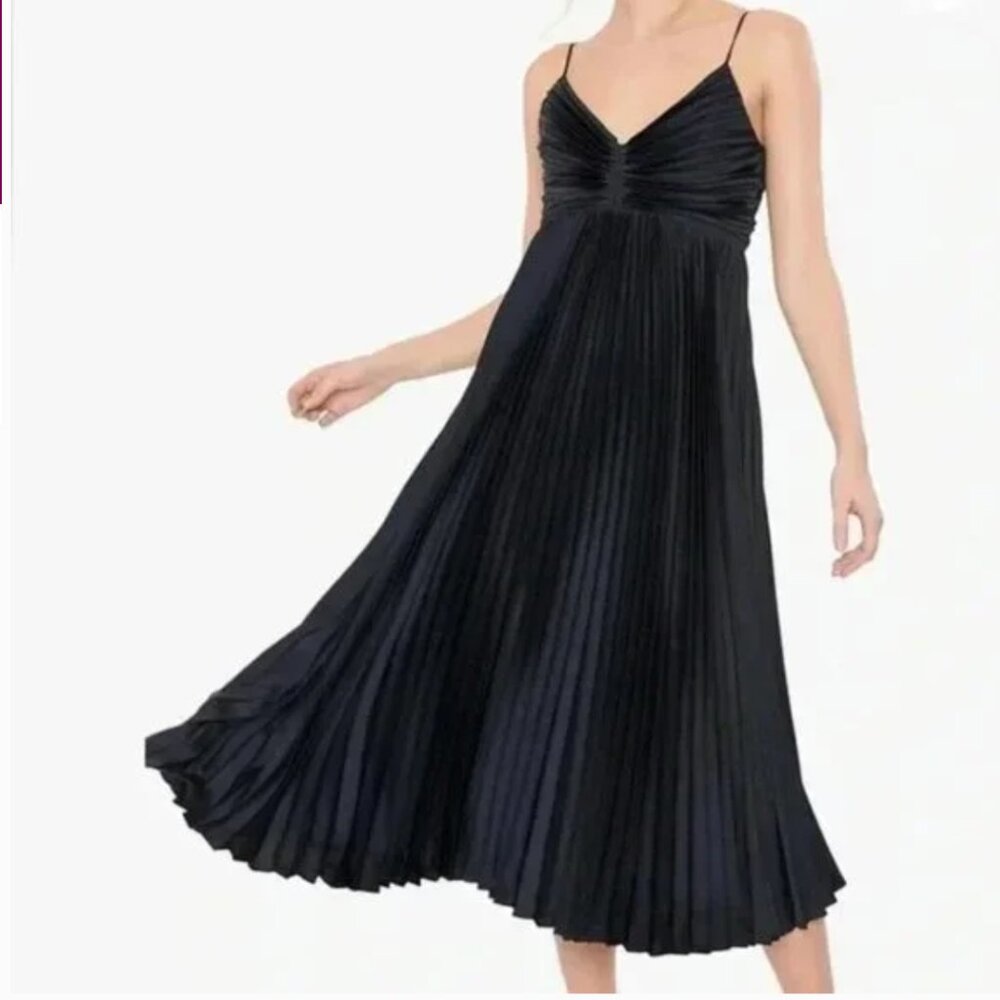 NWT Banana Republic Solaire Black Satin Pleated Midi Dress, size 8